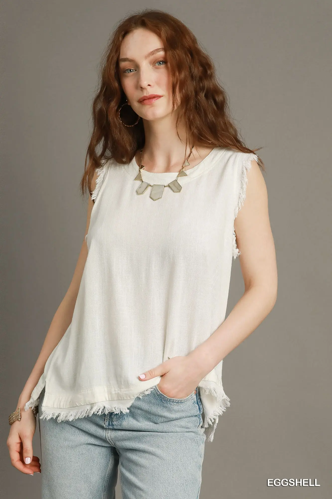 Umgee Linen Frayed Edge Sleeveless Top