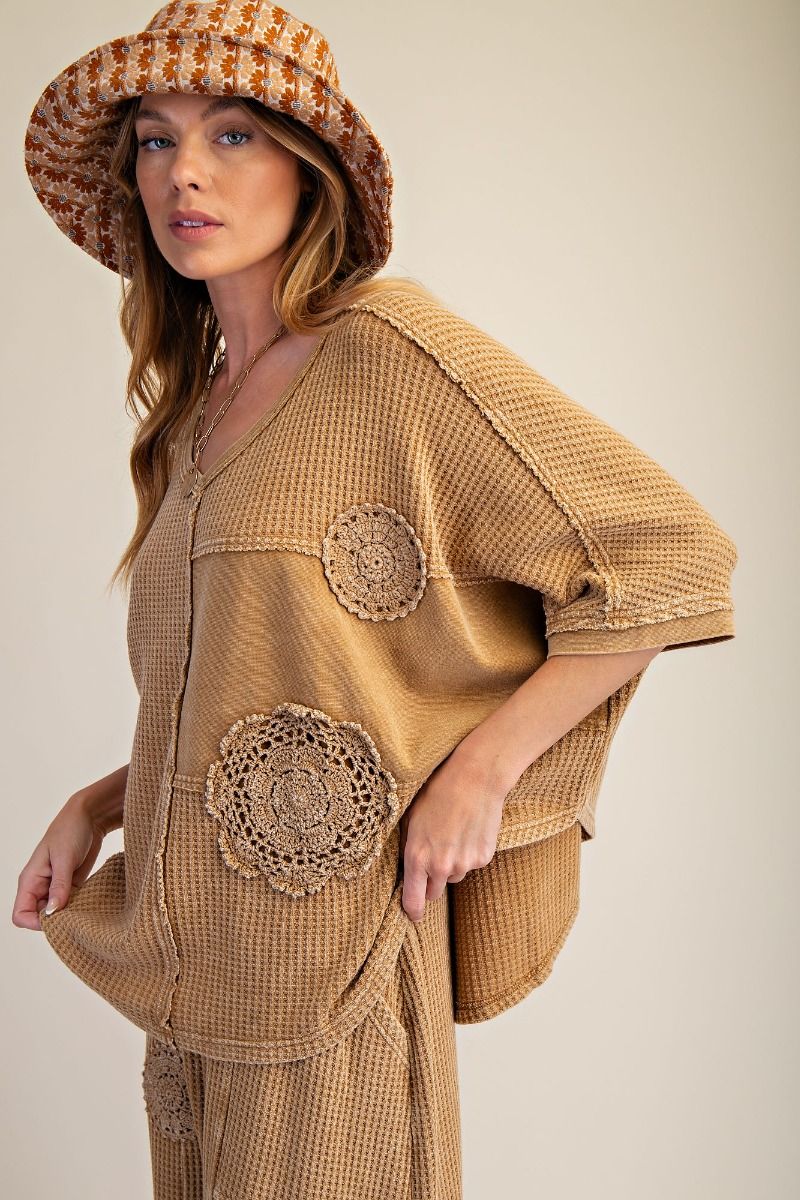 Easel Golden Kiwi Crochet Patch Detailing Washed Thermal Top