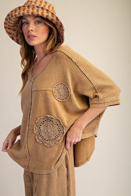 Easel Golden Kiwi Crochet Patch Detailing Washed Thermal Top