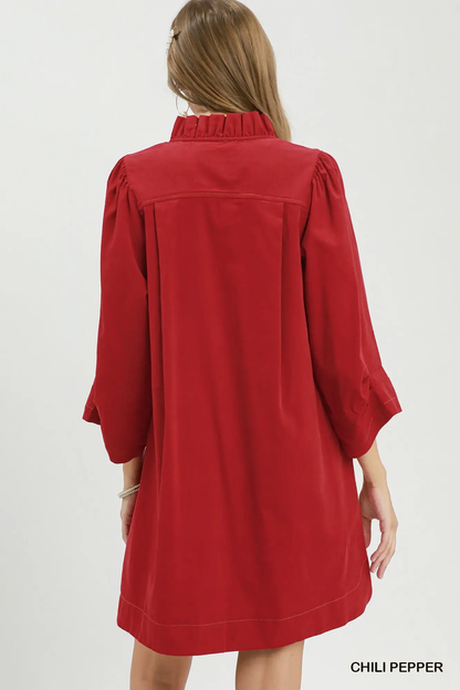 Umgee Chili Pepper Corduroy Split Neck Puff Sleeve Shift Dress