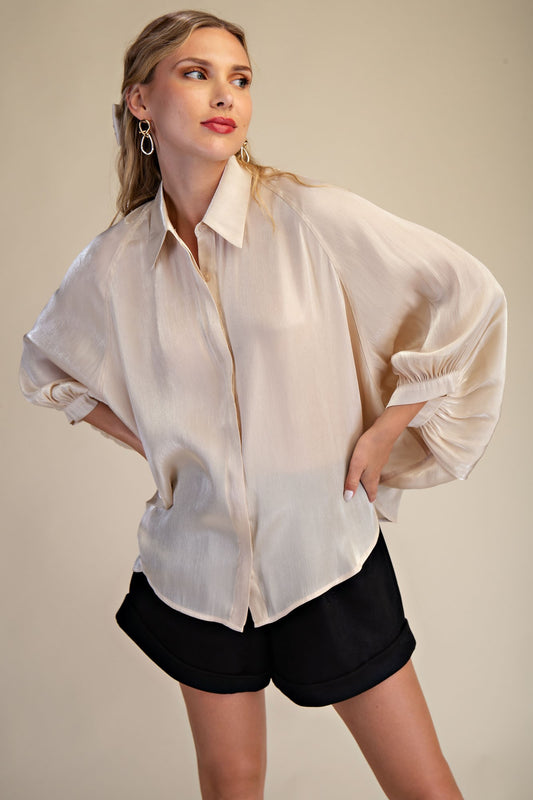 Glam Shiny Effect Fabric Button Front Shirt