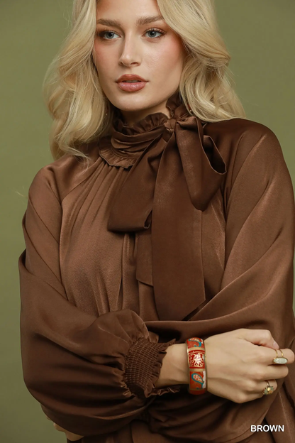 Umgee Brown Satin Tie Neck Mini Dress