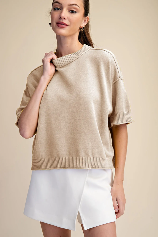 Glam Beige Relaxed Sweater Crew-Neck Elbow-Length Sleeves