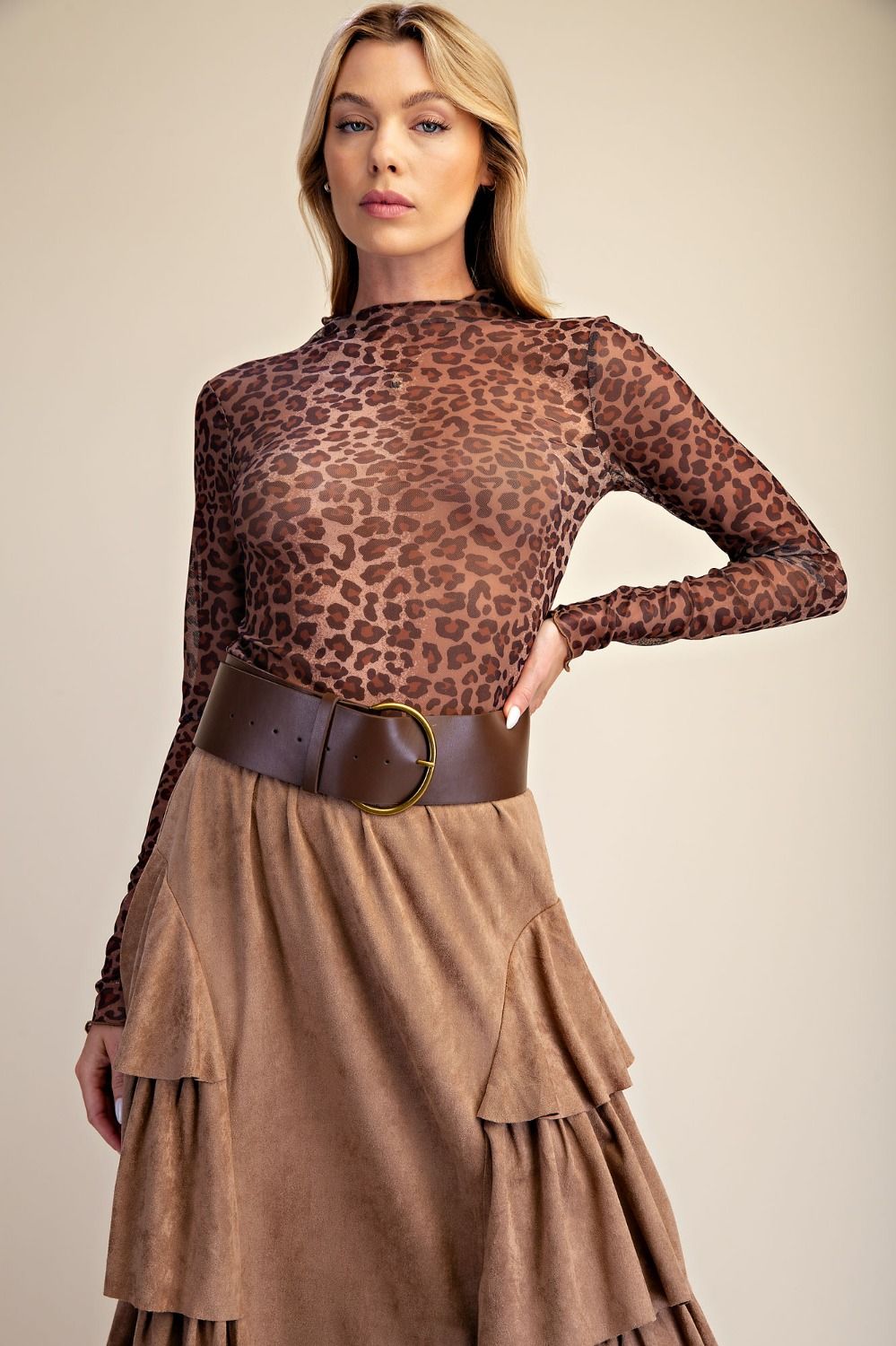 Easel Mocha ALL OVER LEOPARD PRINT MESH FITTED TOP