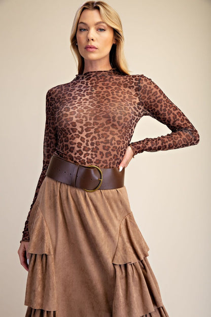 Easel Mocha ALL OVER LEOPARD PRINT MESH FITTED TOP