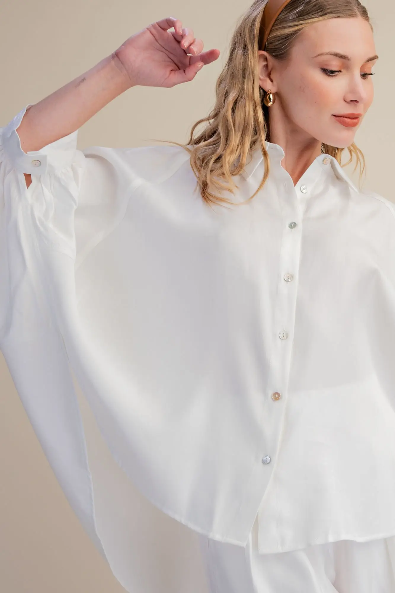 Glam White Metallic Oversized Button Down Long Sleeve Shirt Blouse