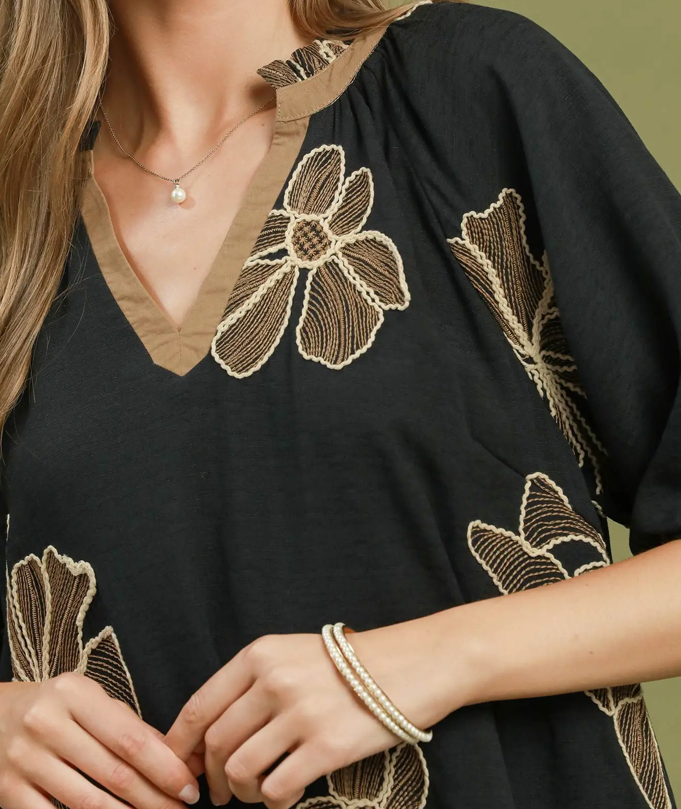 Umgee Black Floral Embroidered V-Neck Relaxed Top