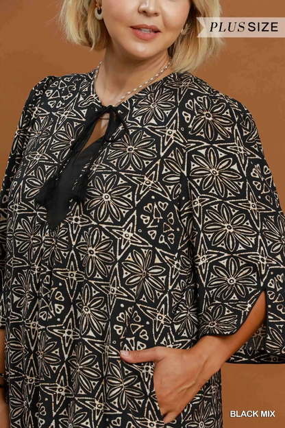 Umgee Plus Size Black Mix Geometric Print V-Neck Tassel Detail Tunic Dress