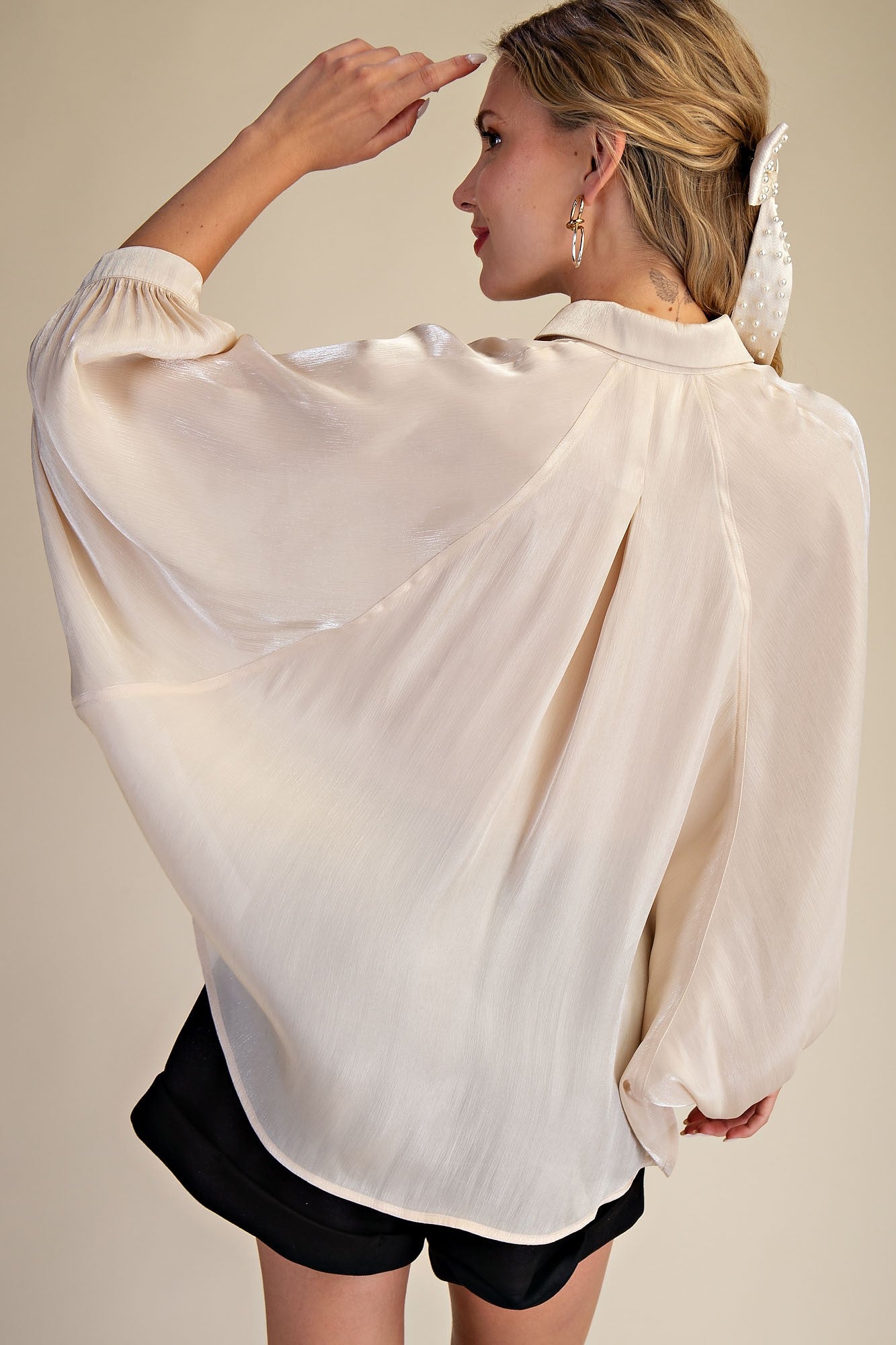 Glam Shiny Effect Fabric Button Front Shirt