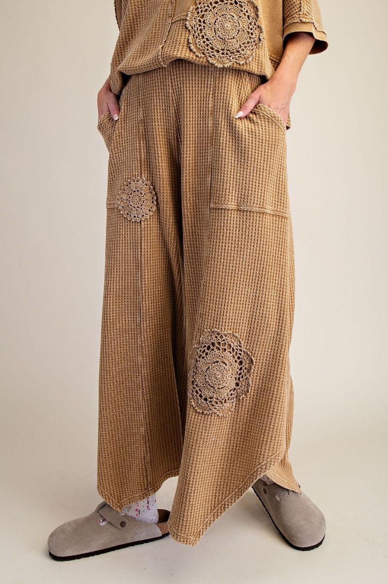 Easel Golden Kiwi Crochet Patch Detailing Washed Thermal Pants