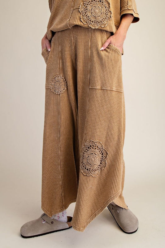 Easel Golden Kiwi Crochet Patch Detailing Washed Thermal Pants