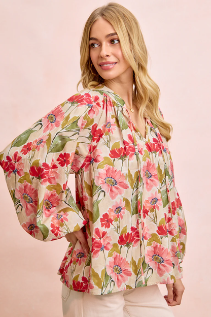 BIBI Floral Print Exaggerated Balloon Sleeve Top