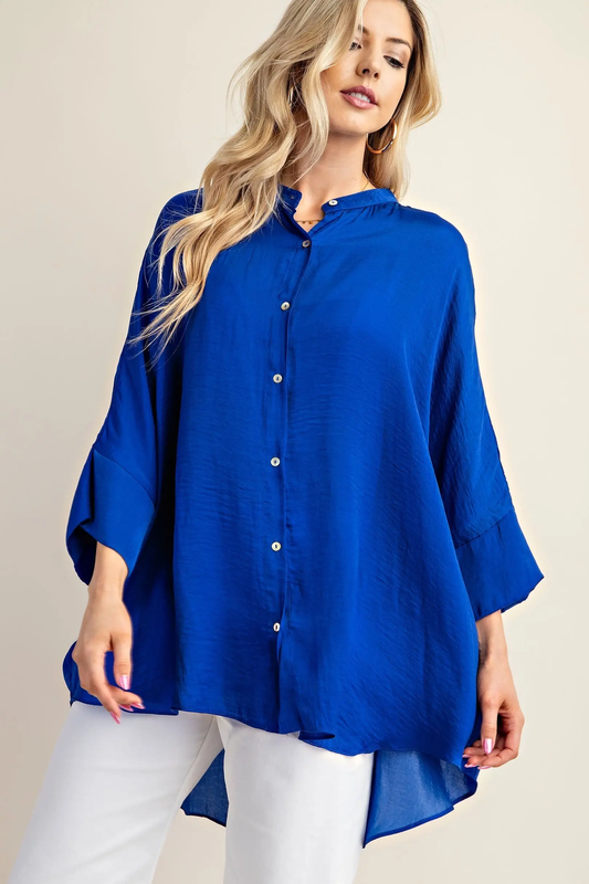 Gigio Royal Blue Washed Satin Button Down Loose Fit Top with Hi-Lo Hem