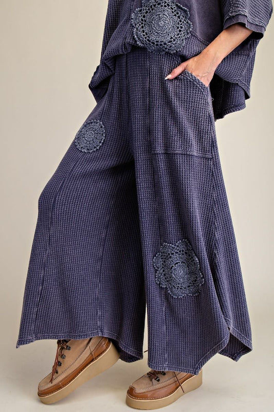 Easel Midnight Blue Crochet Patch Detailing Washed Thermal Pants
