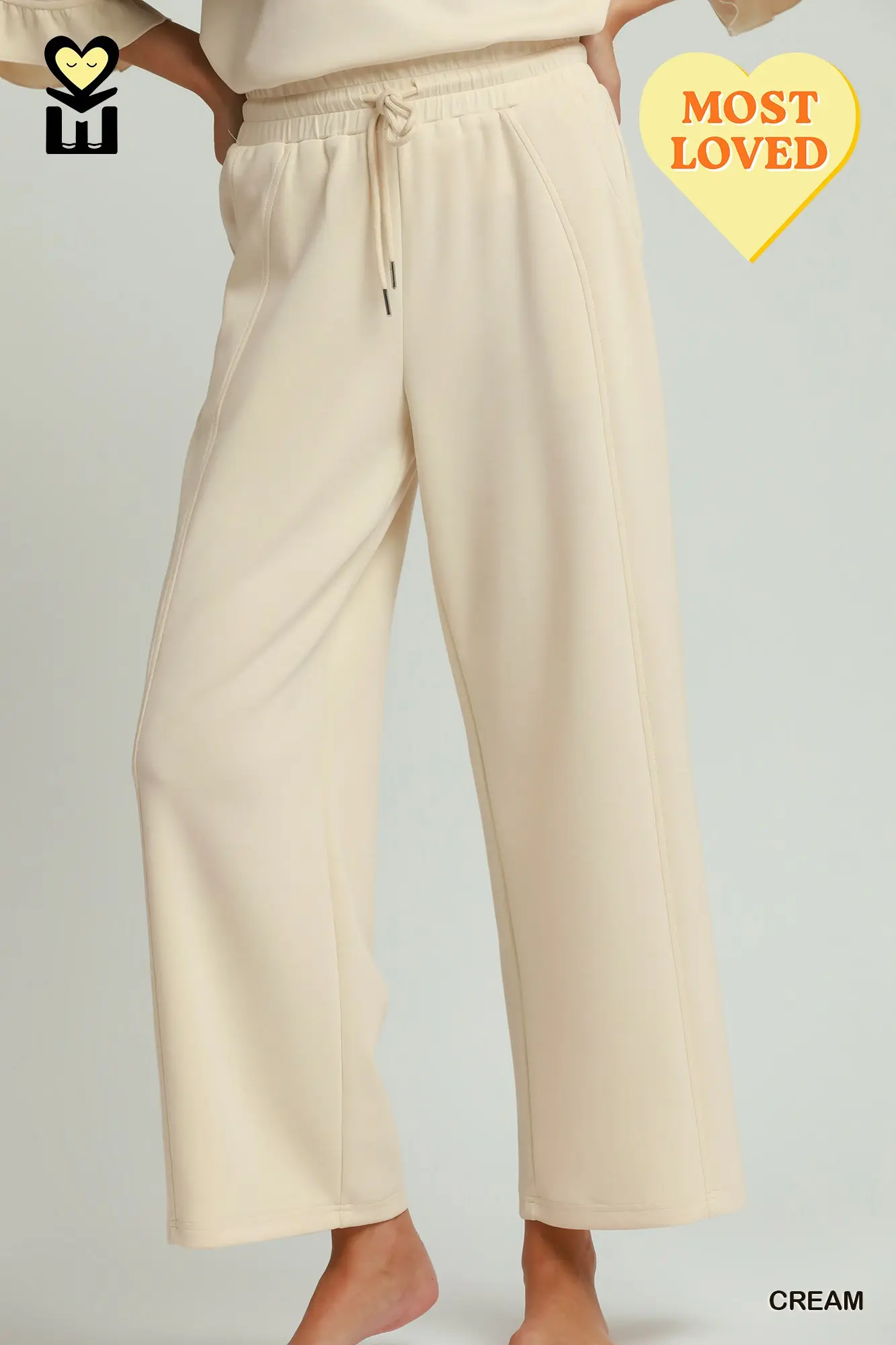 Umgee Cream SELECT LUXEKNIT Wide Leg Pants with Elastic Waistband & Drawstring