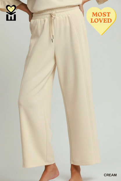 Umgee Cream SELECT LUXEKNIT Wide Leg Pants with Elastic Waistband & Drawstring