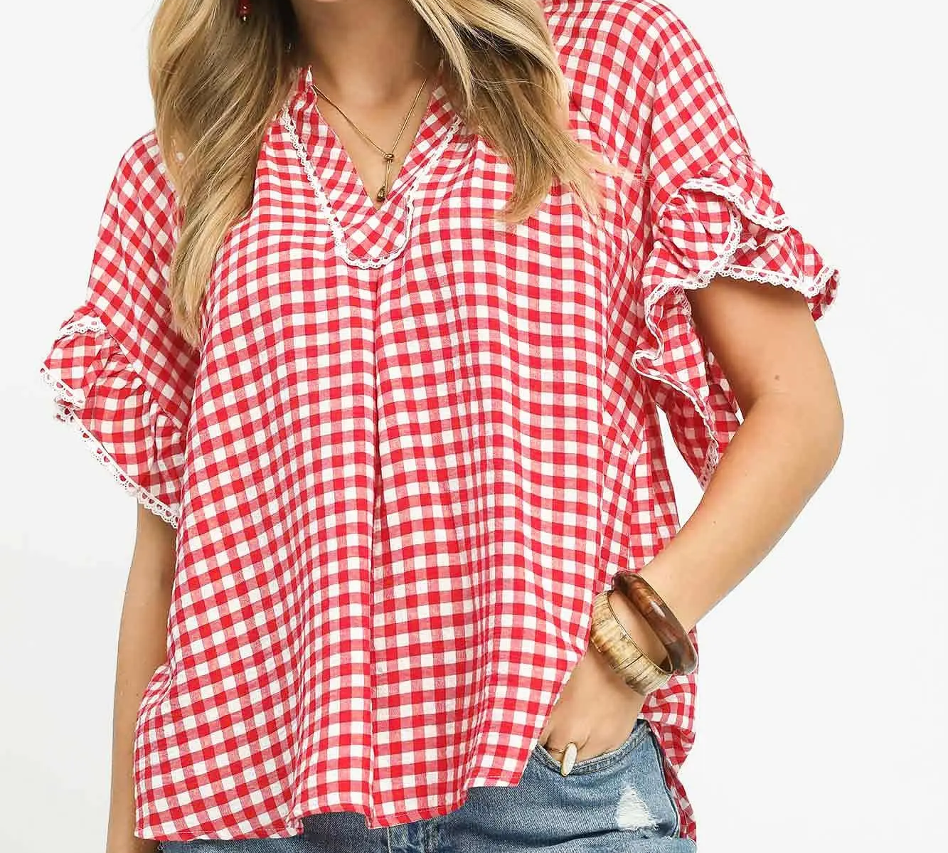 Umgee Red Gingham Ruffle Top