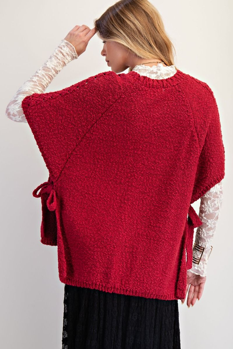 Easel Boho Red Knitted Sweater Poncho