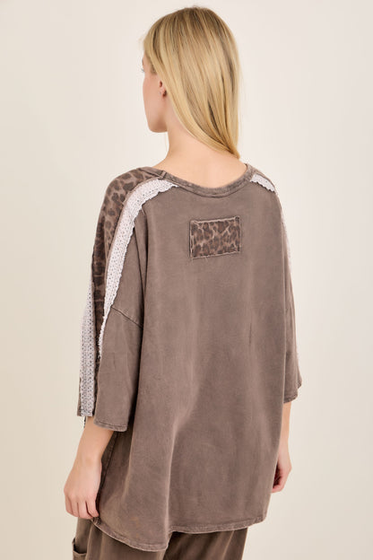 J. Her Ash Oak Mineral Washed Leopard Lace Star Patched 3 Quarters Top