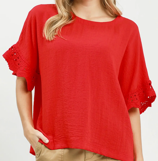 Umgee Tomato Red Crochet Trim Top