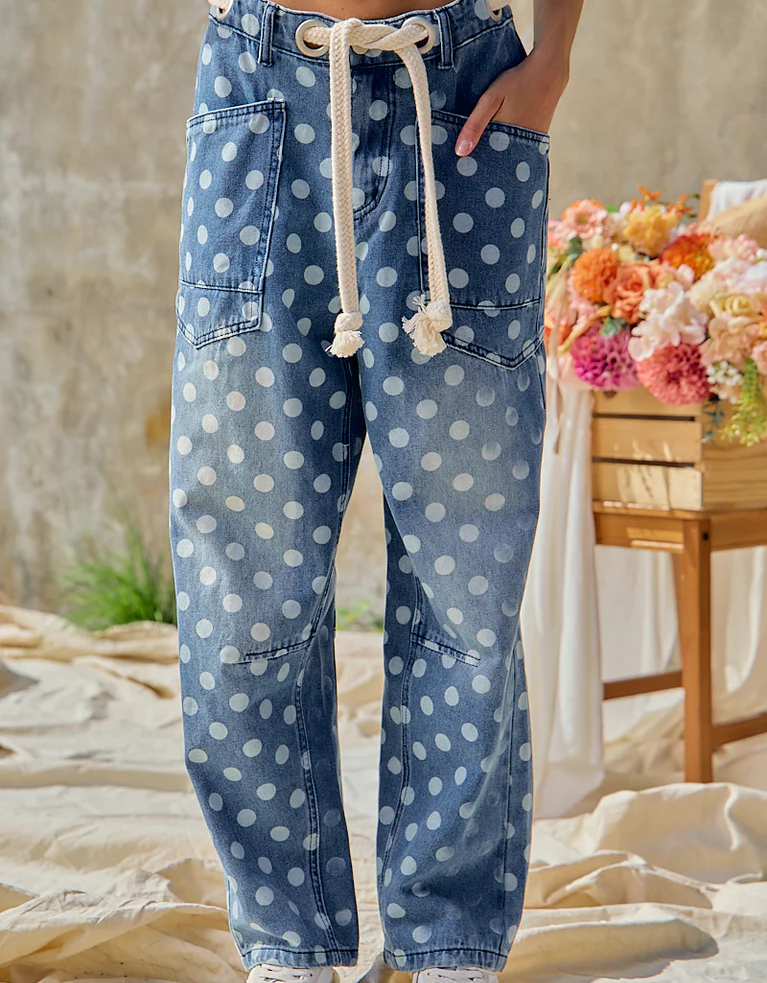 Bibi POLKA DOT PRINTED DENIM PANTS WITH WAIST BELT