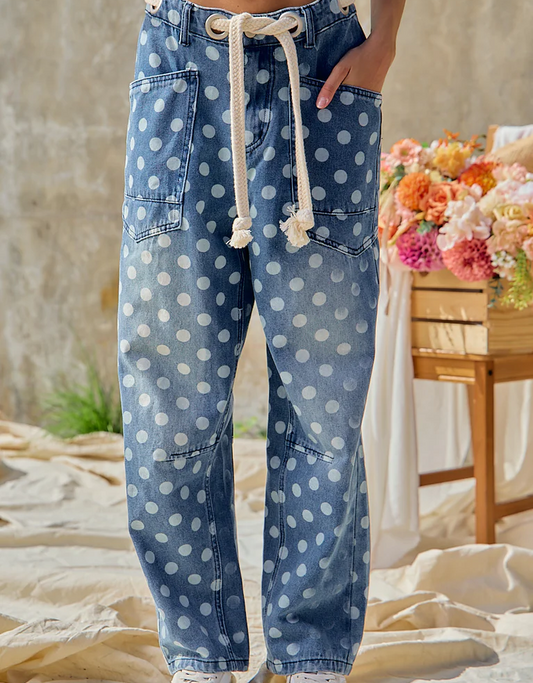 Bibi POLKA DOT PRINTED DENIM PANTS WITH WAIST BELT