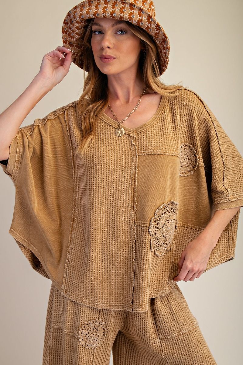 Easel Golden Kiwi Crochet Patch Detailing Washed Thermal Top