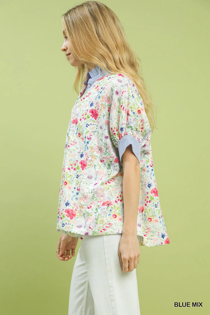 Umgee Floral Print Button-Down Top