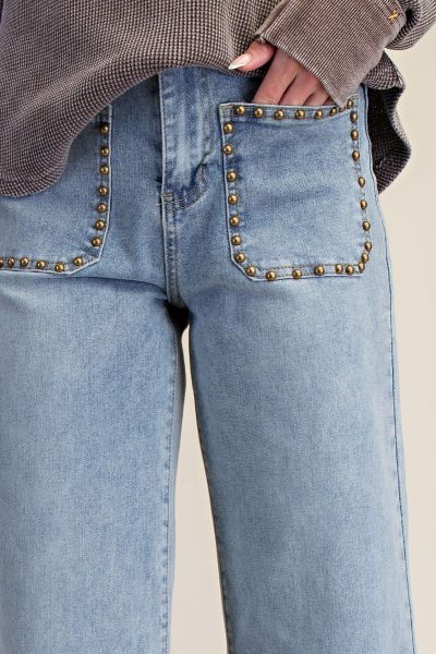 Easel Denim Stud Detailing Washed Denim Pants