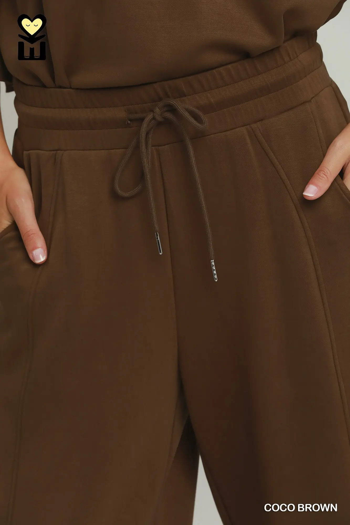 Umgee Plus Size Coco Brown SELECT LUXEKNIT Wide Leg Pants with Elastic Waistband & Drawstring