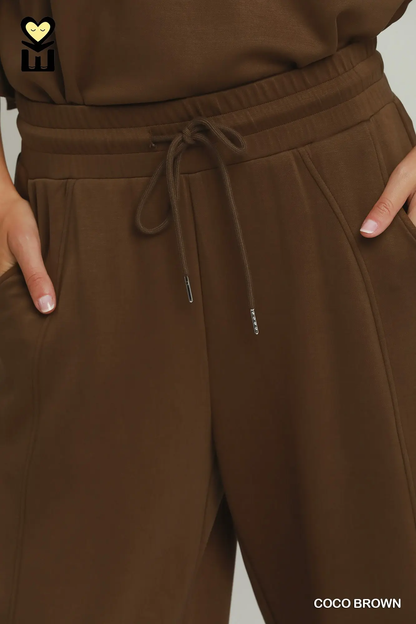 Umgee Plus Size Coco Brown SELECT LUXEKNIT Wide Leg Pants with Elastic Waistband & Drawstring