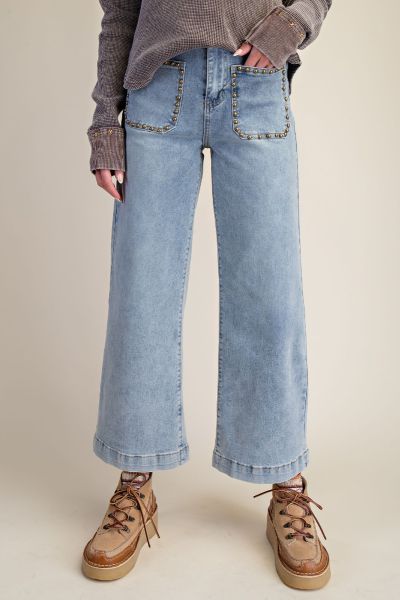 Easel Denim Stud Detailing Washed Denim Pants