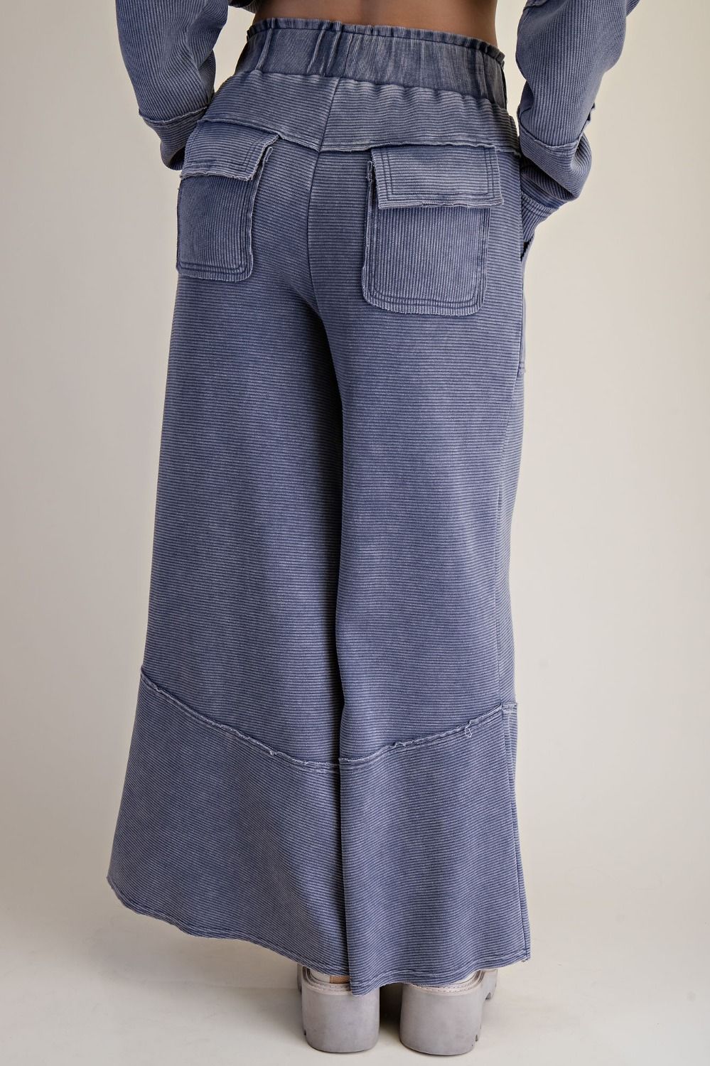 Easel Washed Denim Textured Mineral Washed Bell Bottom Pants