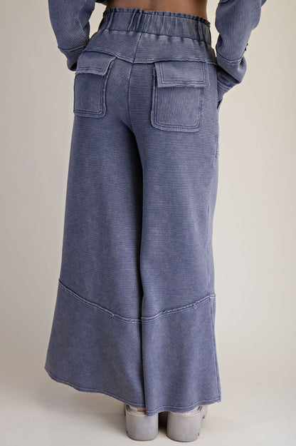 Easel Washed Denim Textured Mineral Washed Bell Bottom Pants