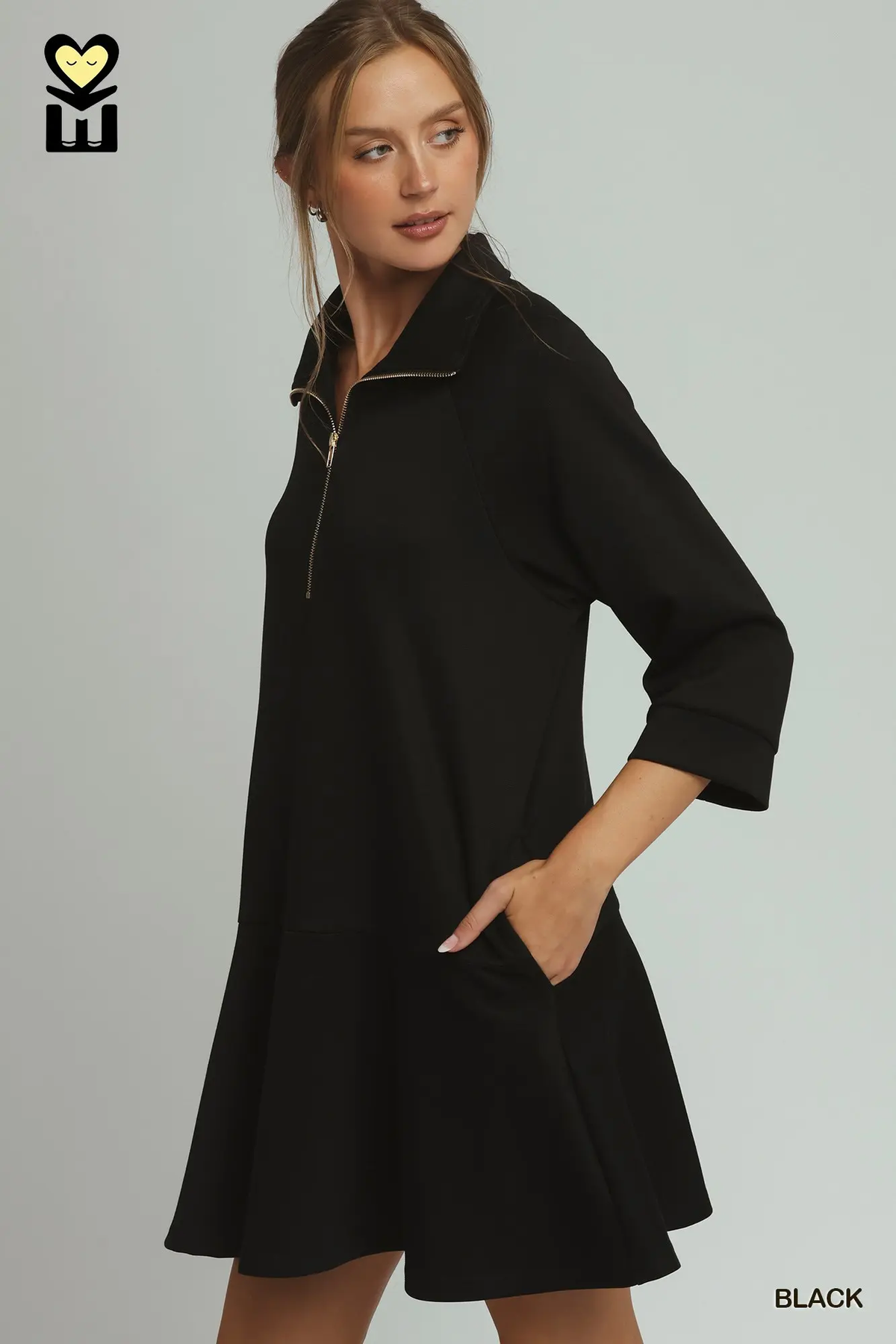 Umgee Black CLOUDKNIT 3/4 Sleeve Flare Dress