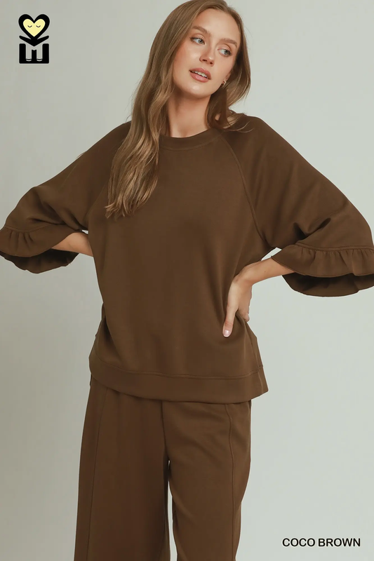 Umgee Plus Size Coco Brown SELECT LUXEKNIT Round Neck Ruffle Tier Raglan Sleeve Top