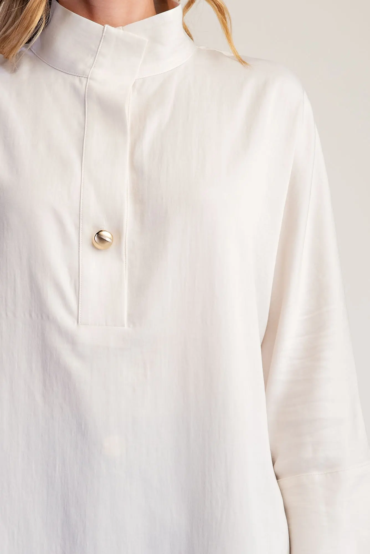 Glam Ivory Stand Neck Button Placket Dolman Sleeves Shirt
