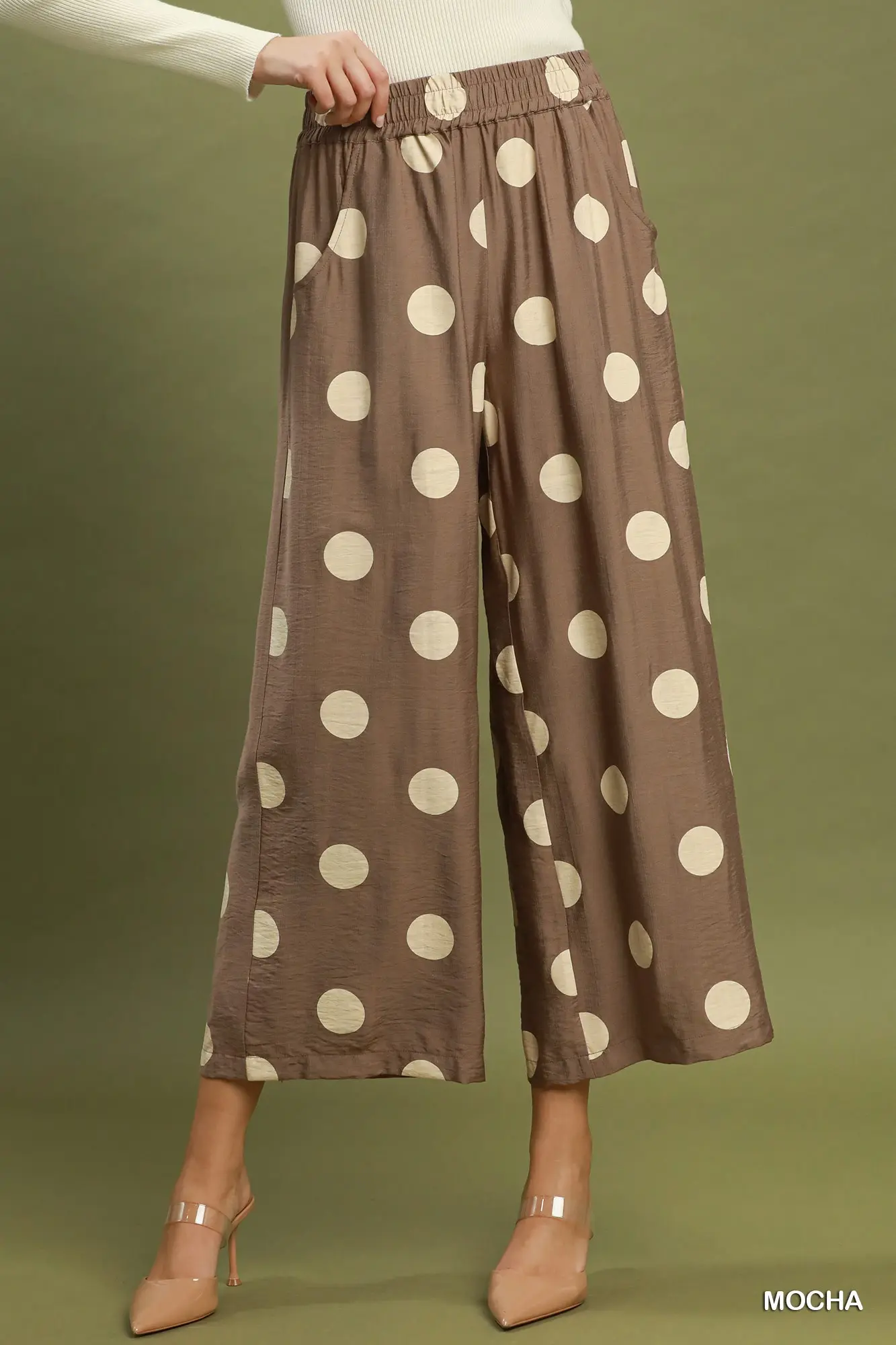Umgee Mocha Polka Dot Wide Leg Crop Pants with Pockets