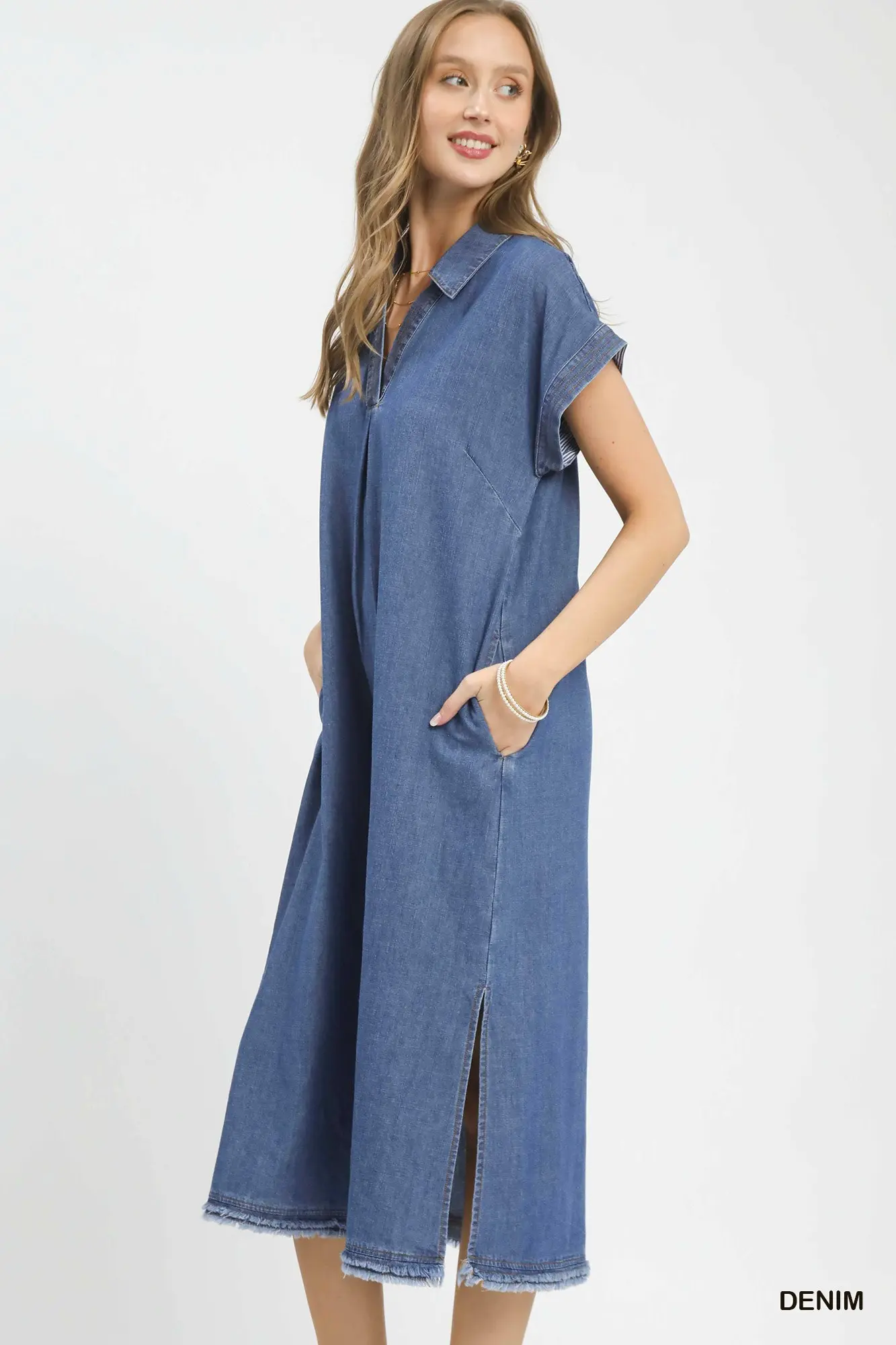 Umgee Stone Washed Collared Denim Midi Dress