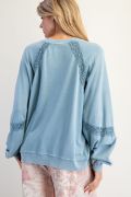 Easel Dusty Blue Crochet Tape Detailing Washed Terry Pullover