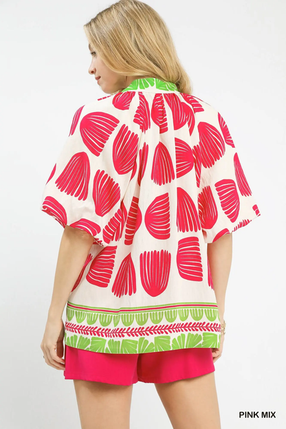 Umgee Pink Shell Block Boarder Print V-Neck Blouse