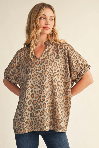 Jodifl Animal Print V-Neck Collared Blouse