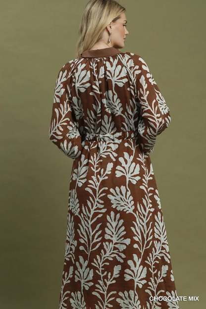 Umgee Chocolate Mix Botanical Print Belted Midi Dress