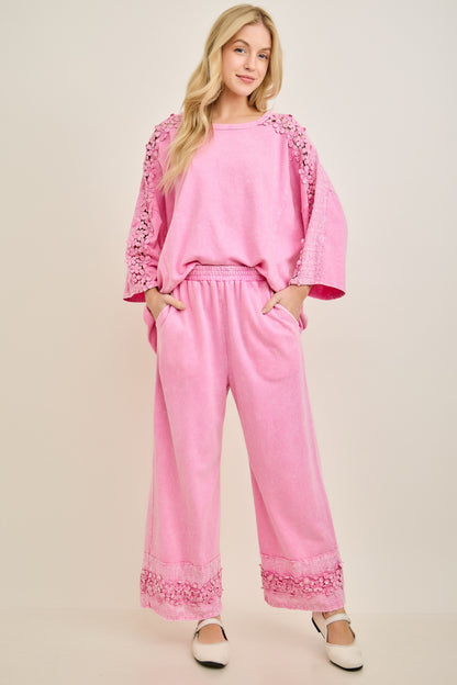 J. Her Bubblegum Mineral Washed Flower Trim Detailed Lounge Pants