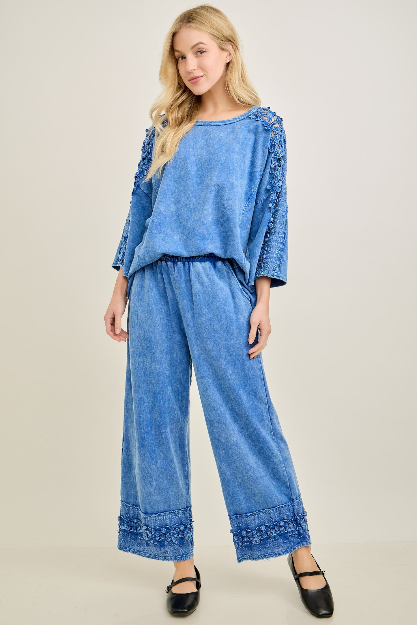 J. Her Cobalt Blue Mineral Washed Flower Trim Detailed Lounge Pants