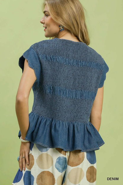 Umgee Chambray Smocked Peplum Top