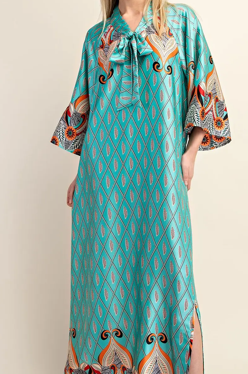Gigio Plus Size Printed Lounge Maxi Dress with Neck Collar and Bow