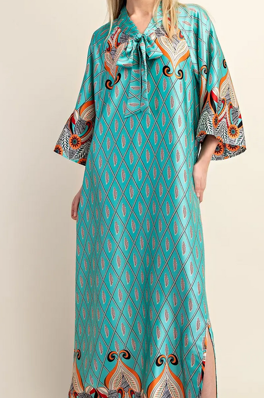Gigio Plus Size Printed Lounge Maxi Dress with Neck Collar and Bow