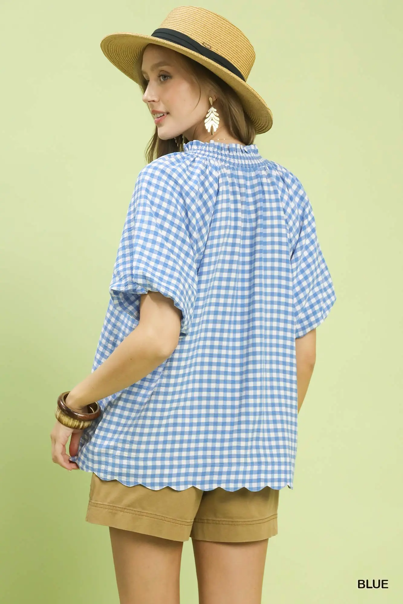 Umgee Blue Gingham Bubble Sleeve V-Neck Top w/ Scallop Hem