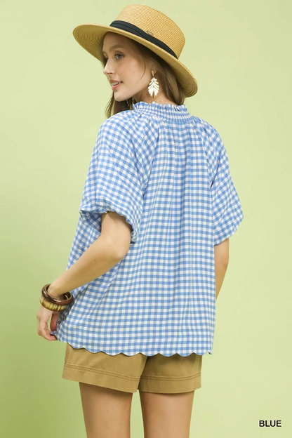 Umgee Blue Gingham Bubble Sleeve V-Neck Top w/ Scallop Hem